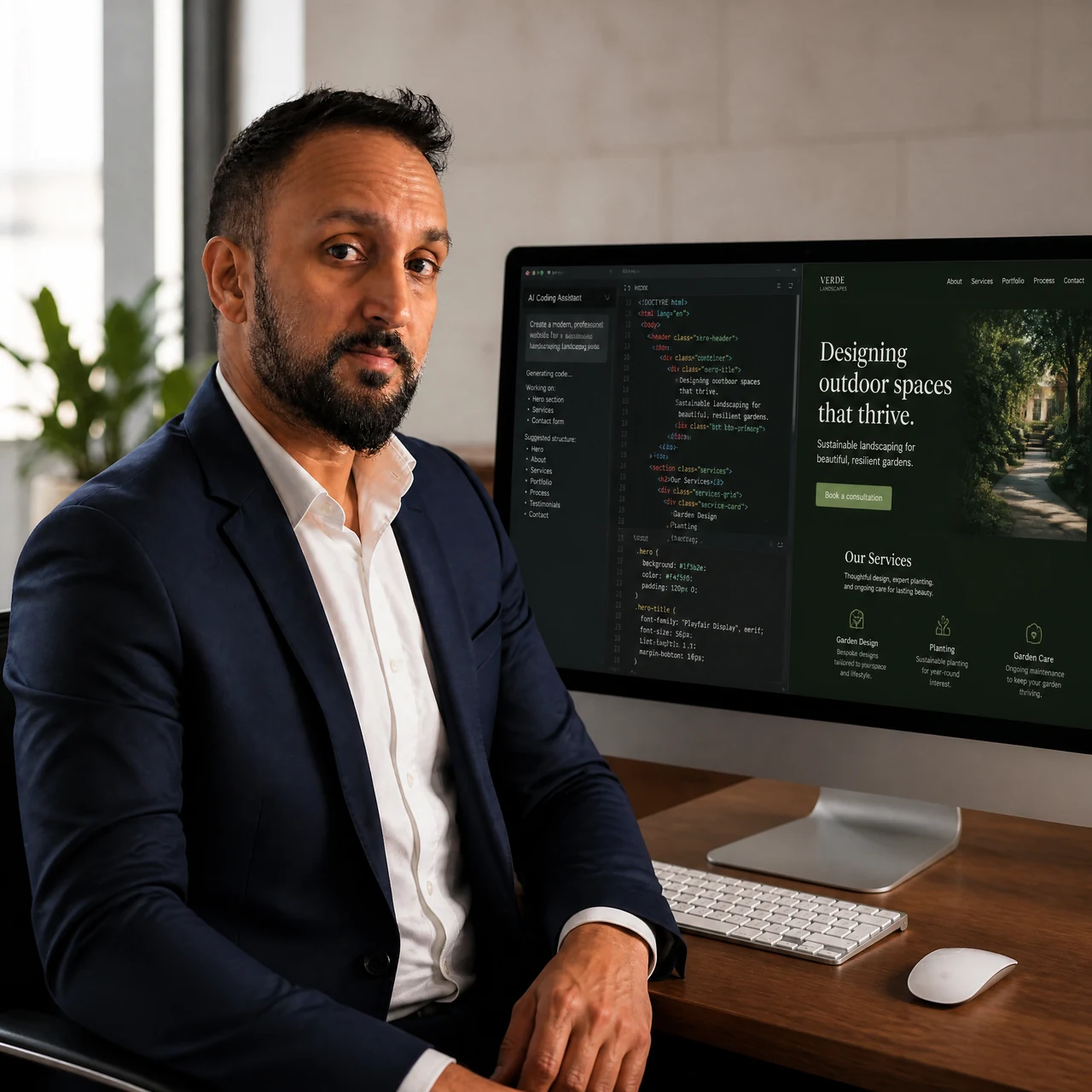 Aroon Maharaj in his office beside an AI coding and website design workspace