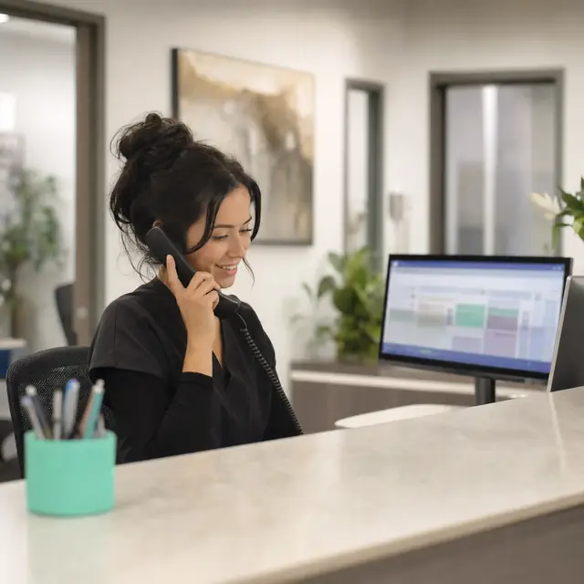 A clinic receptionist smiling on the phone at the front desk