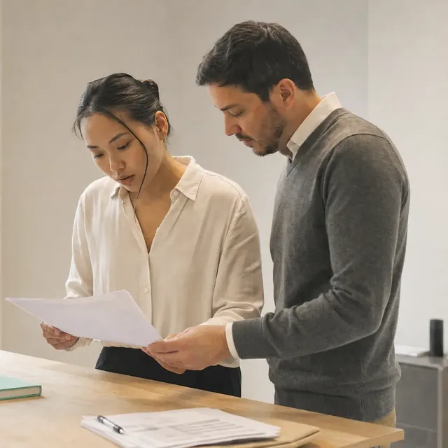 Two accountants going over a printed report at a wooden desk in a bright office