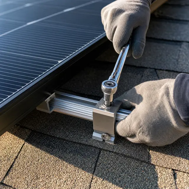 Gloved hands tightening a clamp that holds a black solar panel to its rail