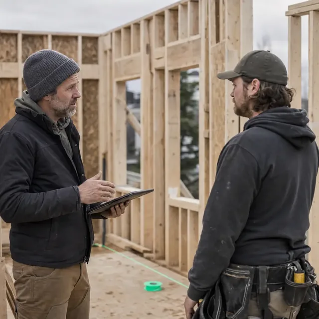 A site lead with a tablet talking to a crew member inside the framing of a new house