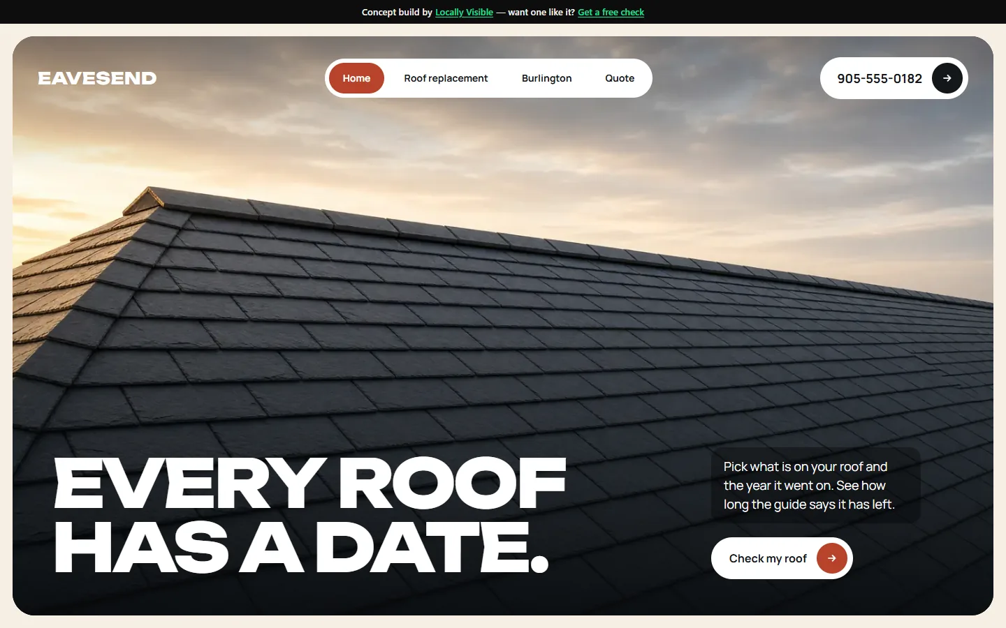 Eavesend Roofing concept home page: a huge cream headline on brick above a roof-age checker