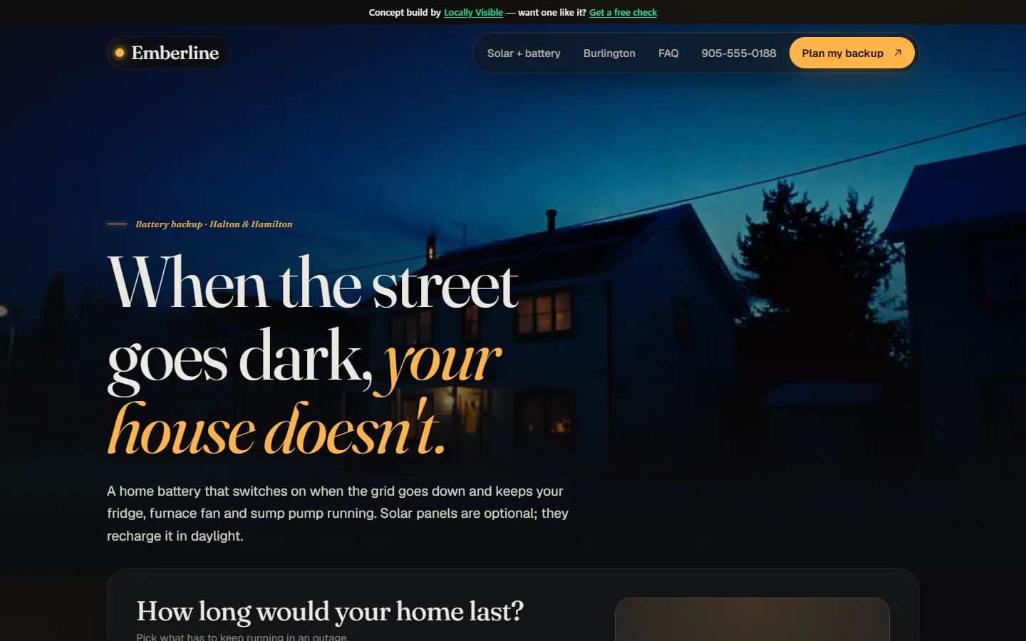 Emberline Power concept home page: one lit house on a dark winter street above an outage-runtime calculator