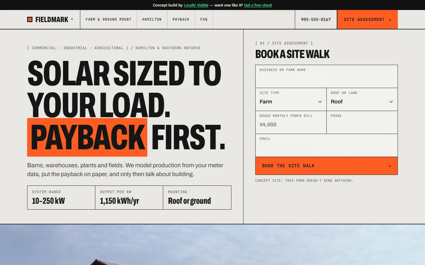 Fieldmark Energy concept home page: a condensed headline about payback beside a site-assessment form