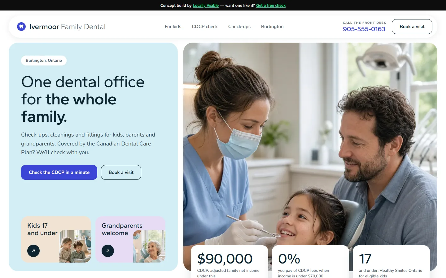 Ivermoor Family Dental concept home page: a sky-blue panel beside a photo of a hygienist with a child and parent