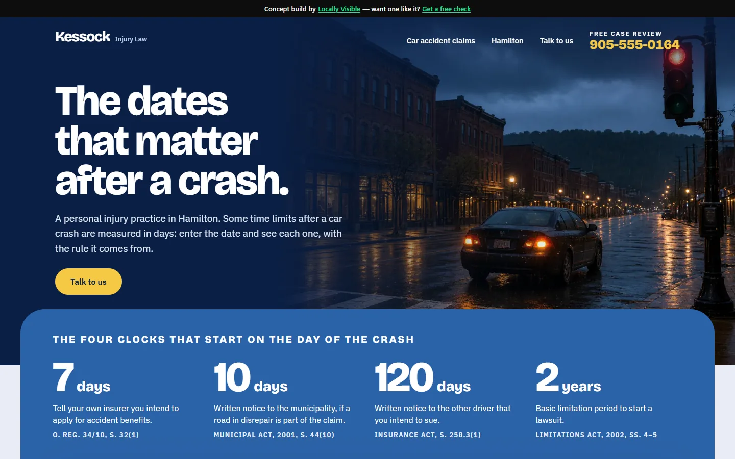 Kessock Injury Law concept home page: a wet street at dusk above a ruler of time limits after a crash
