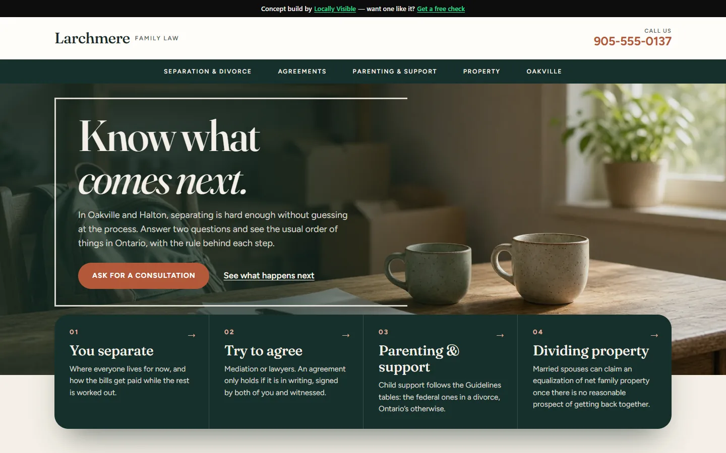 Larchmere Family Law concept home page: a serif headline beside a what-happens-next step tool