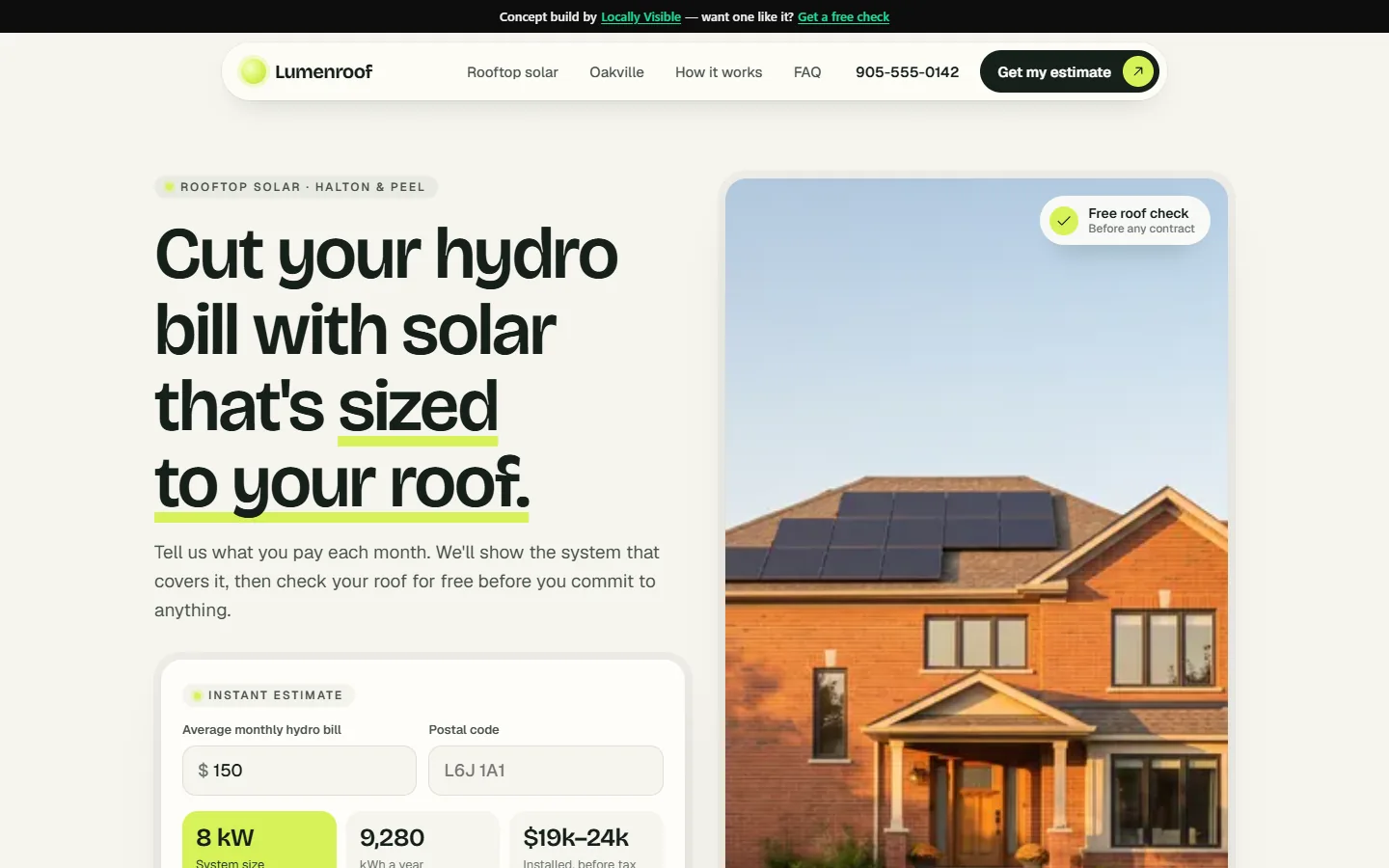 Lumenroof Solar concept home page: a brick house with rooftop panels beside a hydro-bill estimator