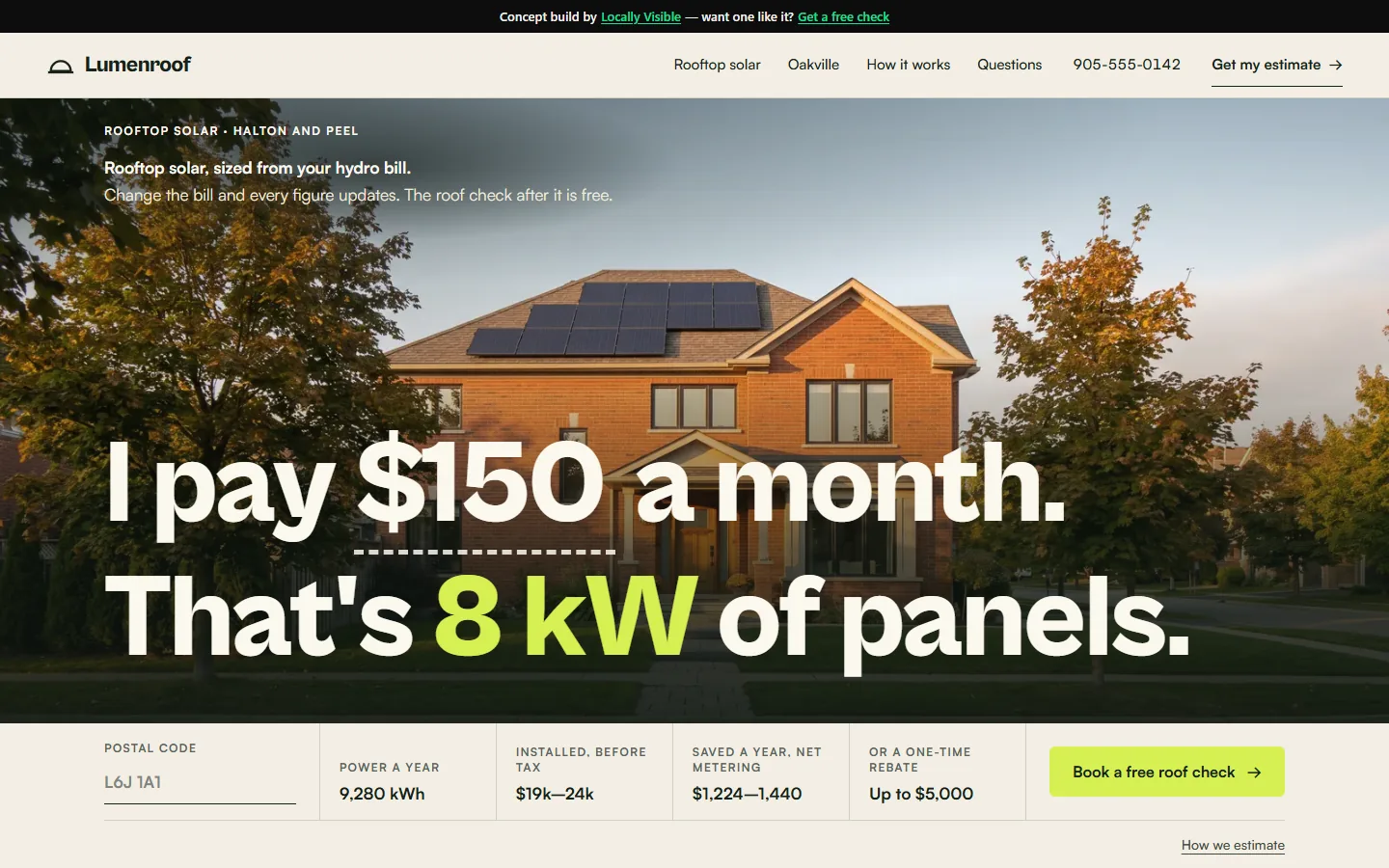 Lumenroof Solar concept home page: a brick house with rooftop panels beside a hydro-bill estimator