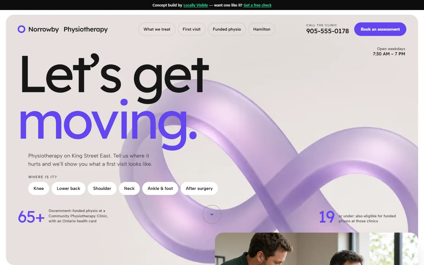 Norrowby Physiotherapy concept home page: a huge Let's get moving headline over a violet resistance band