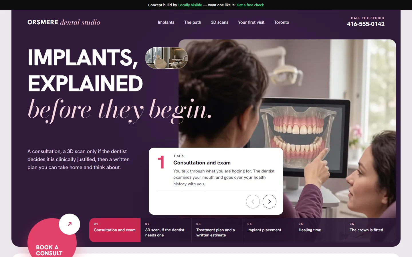 Orsmere Dental Studio concept home page: an aubergine hero with a clinician pointing at a 3D scan and a six-step implant path