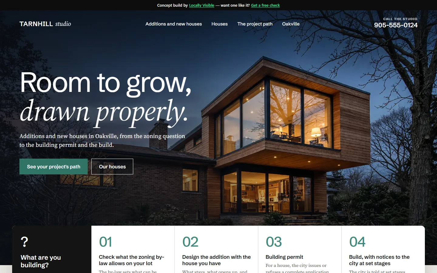 Tarnhill Studio concept home page: a full-bleed photo of a house at dusk above a strip of project steps