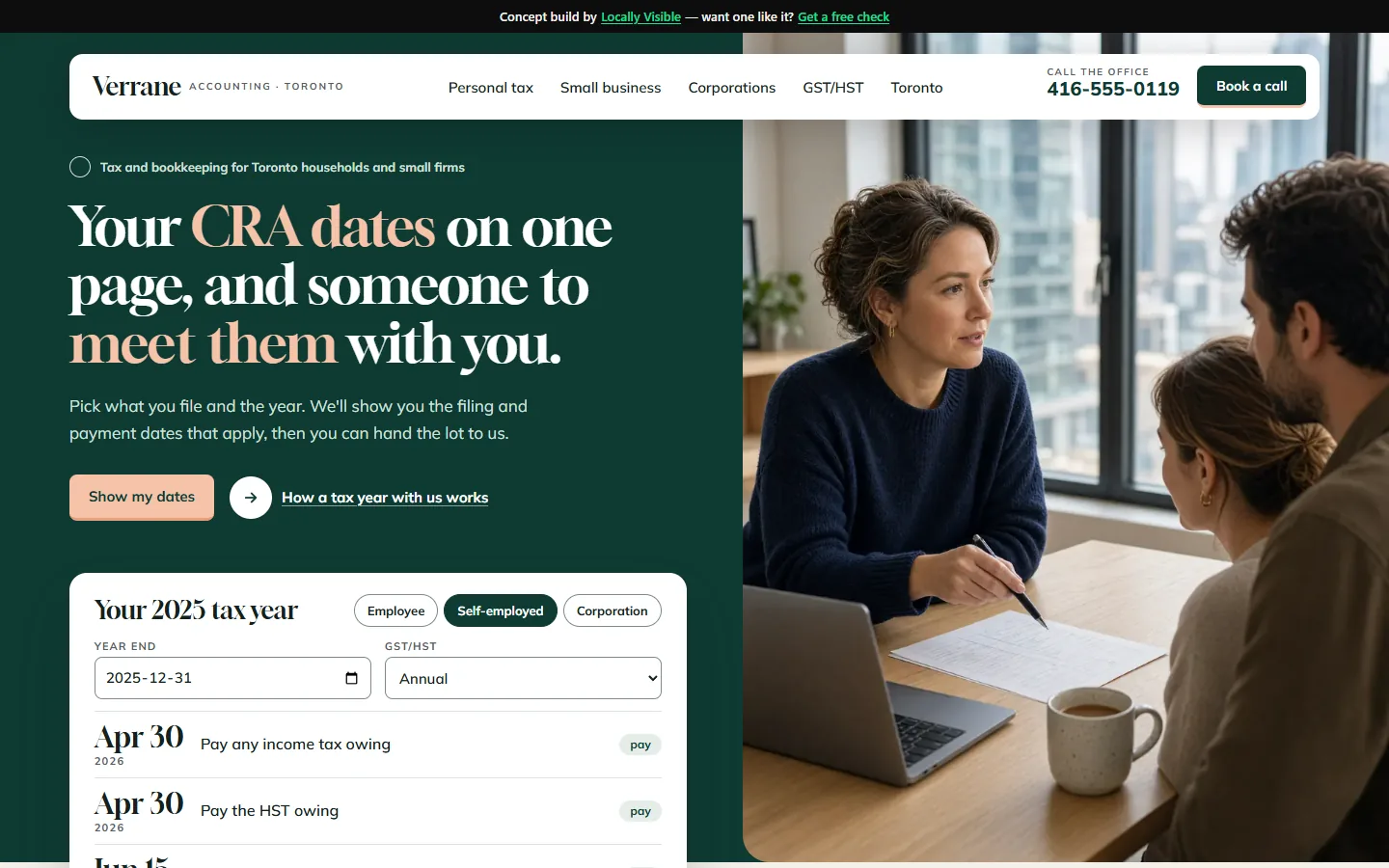 Verrane Accounting concept home page: a forest-green hero with a card of CRA filing and payment dates, beside a photo of an accountant meeting a couple