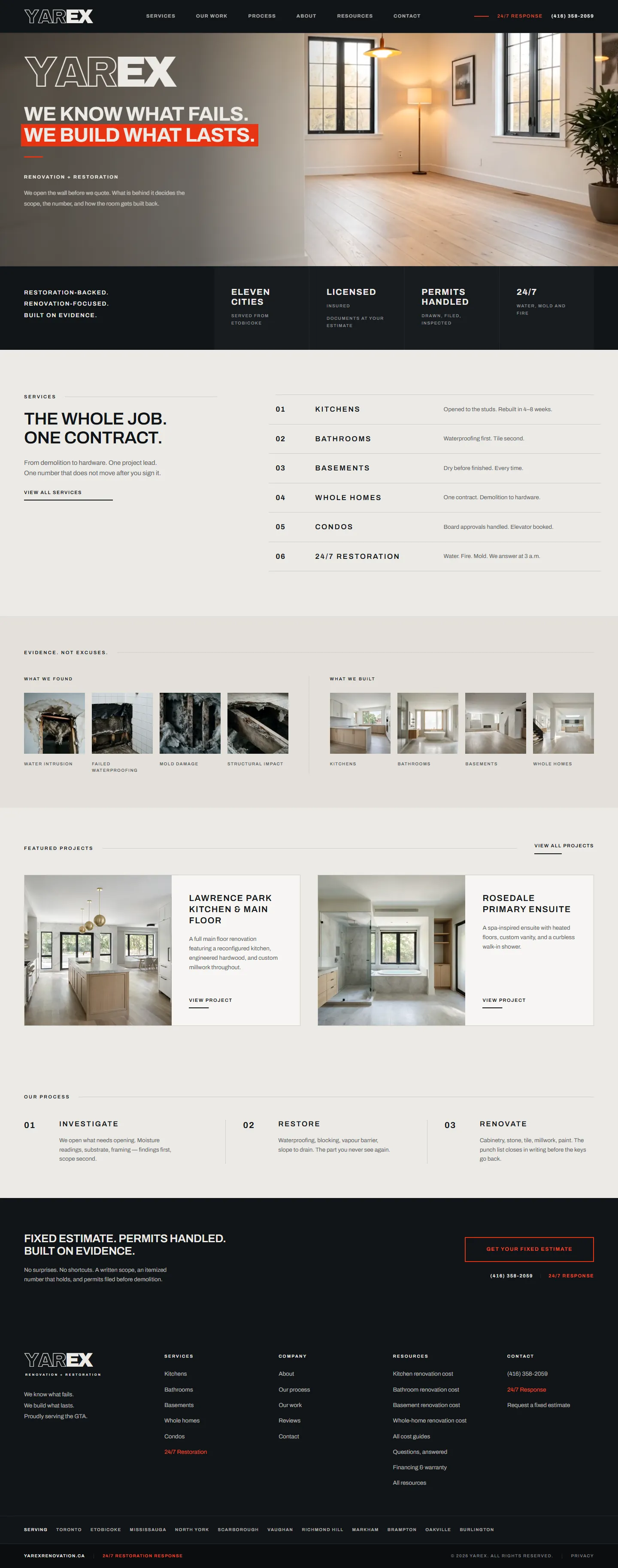yarexrenovation.ca, the full home page: the YAREX wordmark over a stripped-back room, the headline We know what fails. We build what lasts., then the services, evidence and process sections