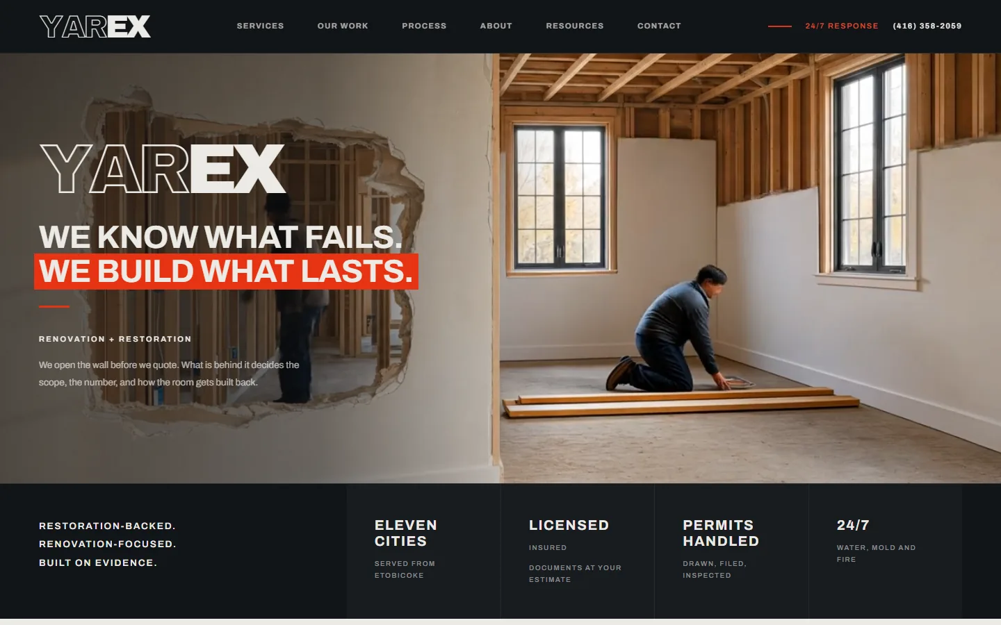 yarexrenovation.ca home page at desktop width, the YAREX wordmark over a stripped-back room