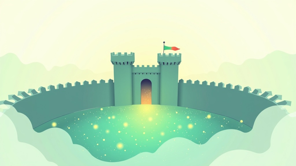 Conceptual illustration of Reddit as a defensive moat around a local business — competitors standing outside an orange castle wall built of upvoted threads